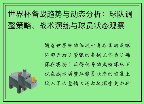 世界杯备战趋势与动态分析：球队调整策略、战术演练与球员状态观察