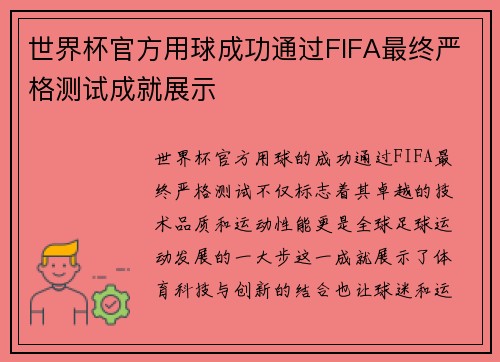 世界杯官方用球成功通过FIFA最终严格测试成就展示